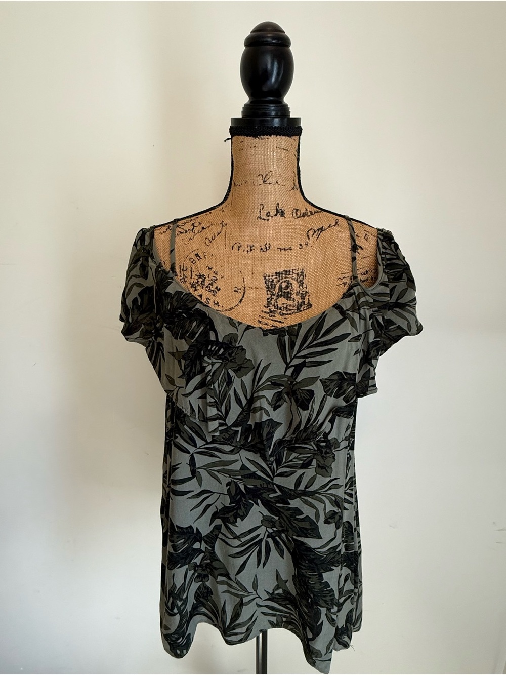 Old Navy Olive Green and Black Floral Ruffle Sleeve Tank Top